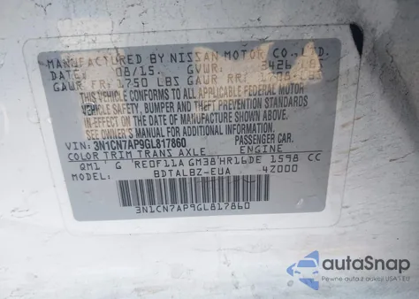 2016 Nissan Versa 1.6 S/1.6 S+/1.6 Sl/1.6 Sv from USA, damaged, VIN 3N1CN7AP9GL817860